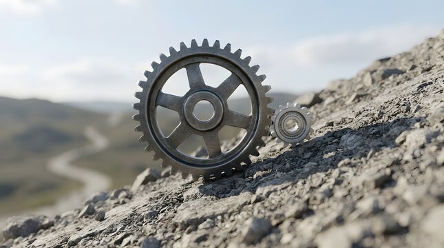 Industrial metallic gears rolling uphill on rocky ground, business mechanism and mechanical progress concept, steel cogs on mountain slope background