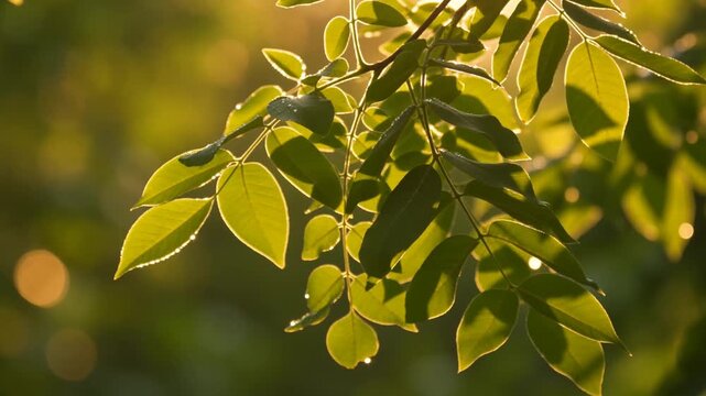 Sun-drenched forest leaves, glistening with dew, gently rustling in the soft golden hour light, creating a tranquil, ethereal nature backdrop