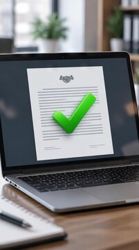 Green checkmark icon on a digital contract agreement laptop screen