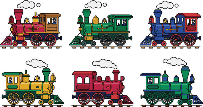 Vintage steam locomotive train vector collection featuring colorful retro railway engines steam track and transport cartoon illustration isolated on white background