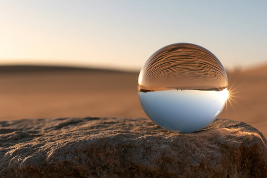 Glass Lensball Refracting Desert Dunes at Sunset Sunlight