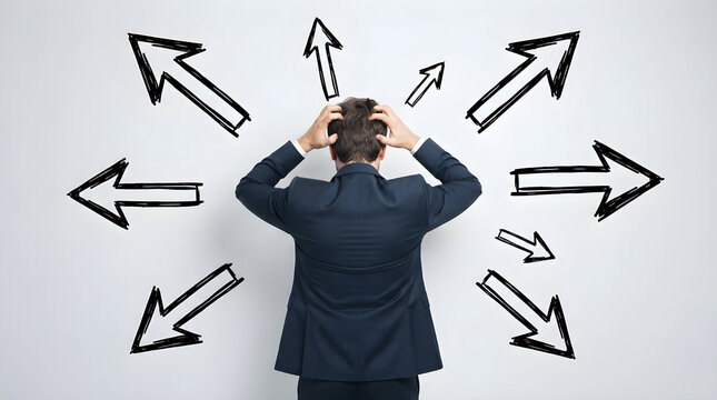 businessman facing difficult choices and multiple directions