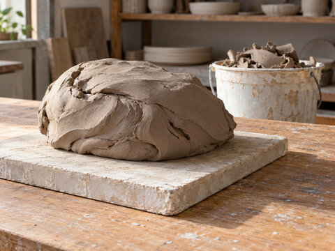 Reclaim clay on a plaster slab in a pottery studio
