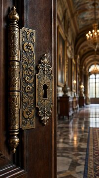Ornate vintage brass door hinge and keyhole in a grand historic hall