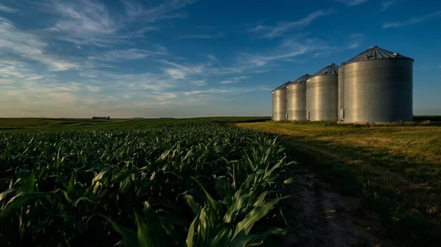 Row of metallic grain silos stands beside lush green cornfield under bright blue afternoon sky. Rich agricultural landscape reflects serene rural atmosphere across wide expansive farmland.