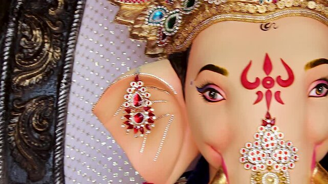 Ganesh idol eyes closeup panning left to right, tilak mark, jeweled earrings and trunk detail, Ganesh Chaturthi festival devotion India.