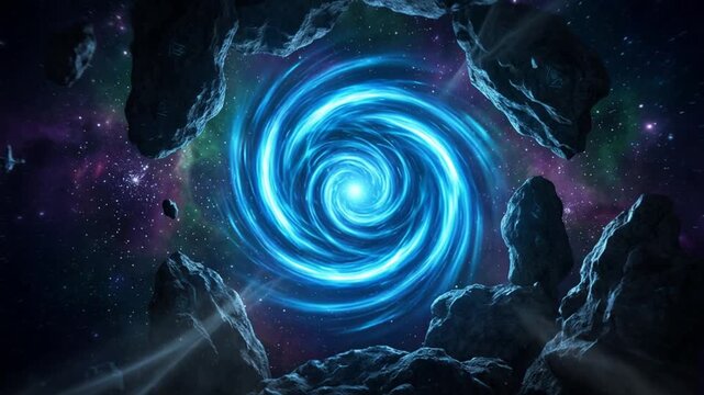 Luminous space anomaly rotates rapidly between shadowy floating asteroids. Radiant energy vortex emits vibrant blue light into starry cosmos establishing wondrous sci fi fantasy aesthetic.