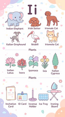 Obraz premium Educational alphabet letter I chart featuring cute animals plants and objects designed by alevidhanu