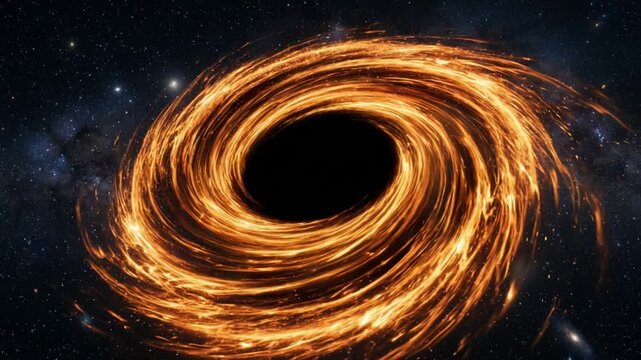 Supermassive black hole swirls in deep space with bright accretion disk glowing intensely. Glowing cosmic vortex pulls surrounding matter into dark event horizon against starry galaxy backdrop.