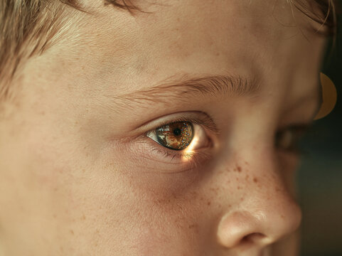 Extreme close up of a child's eye with light reflection and freckles