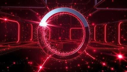 Fototapeta premium Futuristic tunnel, glowing red lines, digital zero center. Complex network, vibrant particles, dark background creates depth.