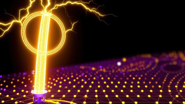 Bright phi symbol rises from glowing grid. Electricity arcs around structure, creating dynamic visual effect. Dark background enhances luminosity.