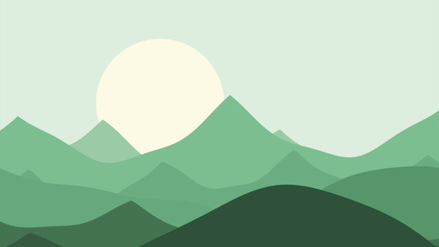 Green mountain landscape minimalist flat illustration web header presentation background nature scenic outdoor view wall art template earthy morning sunrise sky