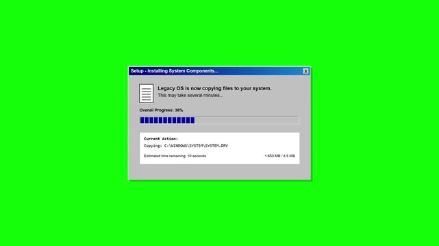 Retro computer software installation windows on green screen