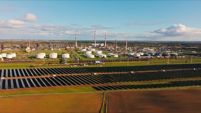 Wide aerial shows solar arrays beside refinery infrastructure in Lithuania