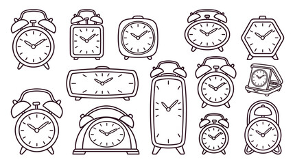 Fototapeta premium Hand Drawn Alarm Clock Doodle Illustrations in Varied Line Art Designs