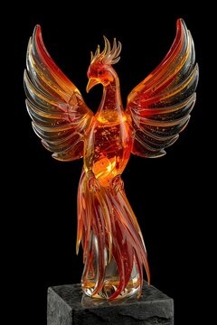 Majestic phoenix bird glass sculpture with glowing orange wings on black stone pedestal