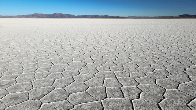 Hexagonal salt crust patterns stretch across the Salinas Grandes salt flat toward distant mountains under a clear blue sky in Jujuy, Argentina, shown in a wide static landscape shot.