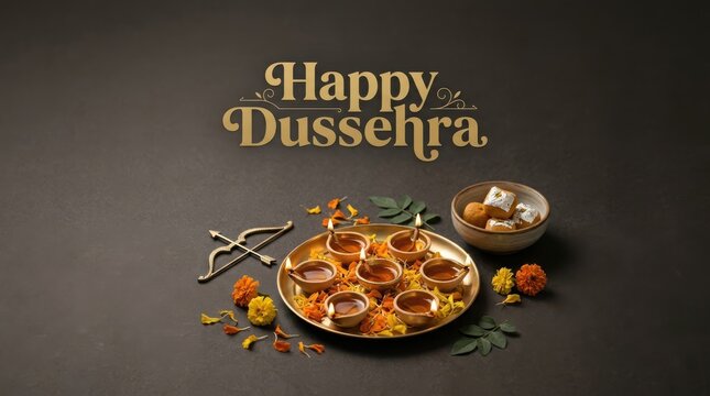 Dussehra festival background with oil lamps and bow arrow design against dark surface for greeting cards and social media.