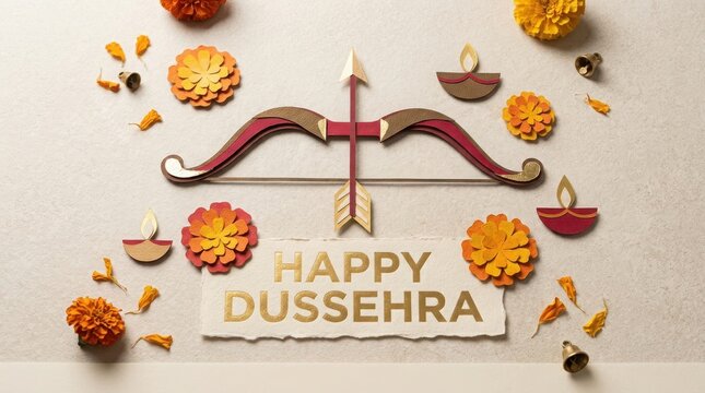 Happy dussehra greeting card featuring bow arrow and lit oil lamps with marigold flowers on textured beige stone surface.