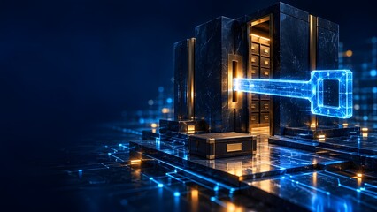 Fototapeta na wymiar Digital Key Unlocking Secure Data Vault with Glowing Circuits