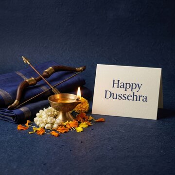 Traditional bow and arrow with glowing oil lamp and jasmine flowers on blue silk fabric for happy dussehra card design.