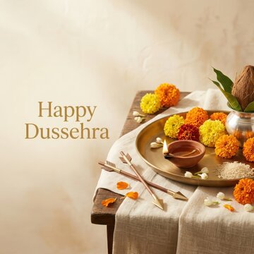 Brass plate with coconut diya lamp and marigold flowers for religious worship during indian festival of happy dussehra day.
