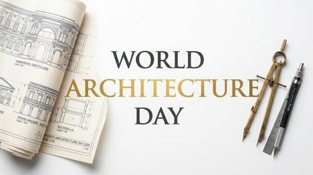 World architecture day concept with blueprints, drafting compass, and pencil isolated on white background
