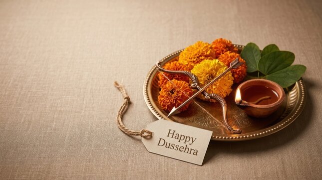 Happy dussehra festive plate with marigold flowers bow and arrow and glowing diya lamp for hindu religious holiday season.