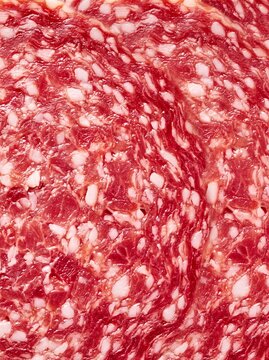 Close-up texture of sliced salami showing marbled fat and meat pattern