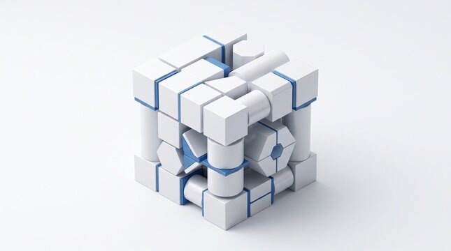Abstract geometric cube made of white and blue modular components
