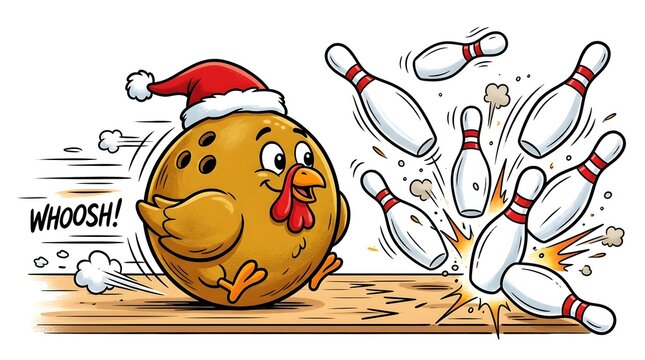 This whimsical cartoon depicts a jovial turkey wearing a santa hat enthusiastically bowling sending pins flying in a festive and humorous scene perfect for holiday