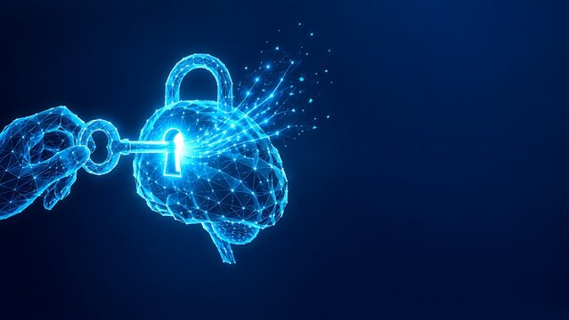 Digital data security concept showing a glowing wireframe human hand unlocking a brain padlock. child girl with digital lock cyber protection information security network safety. child. girl