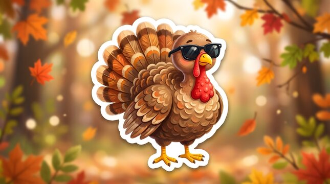 This charming cartoon turkey adorned with stylish sunglasses embodies the spirit of autumn and thanksgiving bringing a touch of whimsy and festive cheer to the