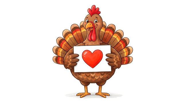 This charming cartoon turkey adorned with autumn leaves and holding a heart embodies the spirit of gratitude and love perfectly capturing the essence of thanksgiving