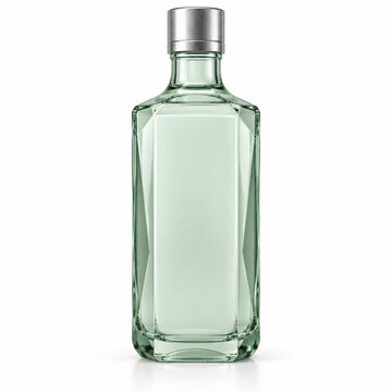 rectangular clear glass bottle with silver stopper on white background