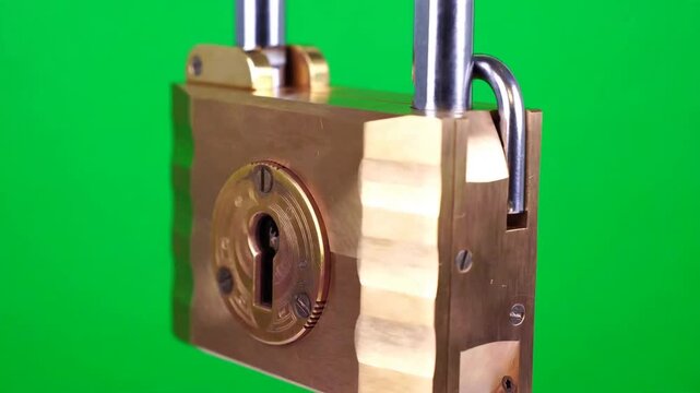 Brass padlock rotating on green screen chroma key background