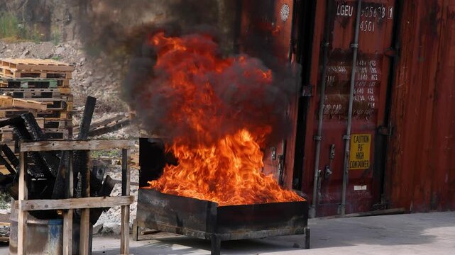 Intense slow-motion flames rise from a metal tray during an industrial liquid fire training drill, with thick black smoke and safety warning signs visible, no people present.