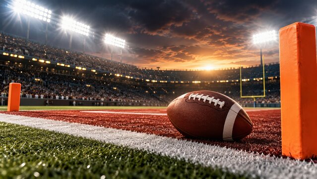American football beside an orange pylon in a stadium end zone at sunset