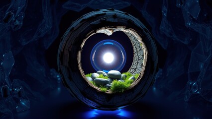 Fototapeta premium Dark scene features circular structure. Bright light emanates from interior, revealing rocks, moss, tunnel. Futuristic elements surround it.