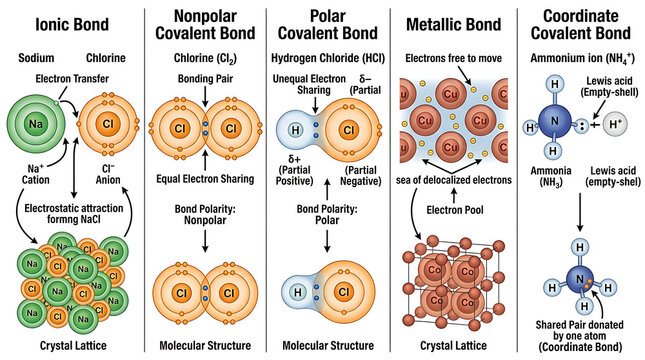 Educational Infographic Explaining Different Types of Chemical Bonding Including Ionic Covalent and Metallic Bonds