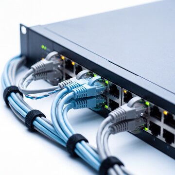 Network switch with ethernet cables, professional server room hardware with blue and grey lan patch cords, data center connectivity equipment