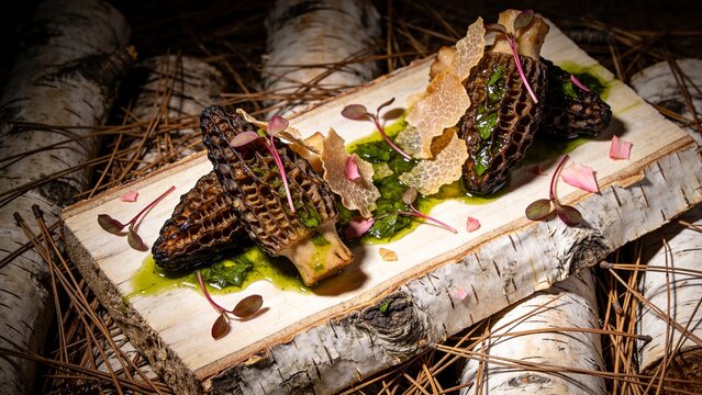 Morel Mushrooms with Green Sauce and Truffle Shavings on Birch Wood