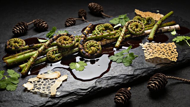 Slow charred tightly coiled wild ostrich fern fiddleheads and garnishes on slate