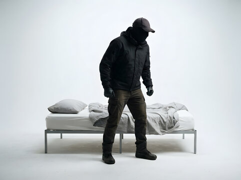 Masked person in winter clothing standing beside unmade bed in minimalist room