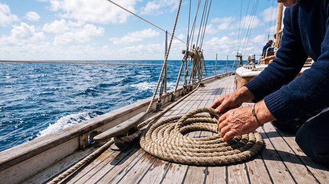 Vintage wooden sailboat deck with sailor coiling rope, nautical maritime scene on a classic yacht, traditional sailing vessel at sea