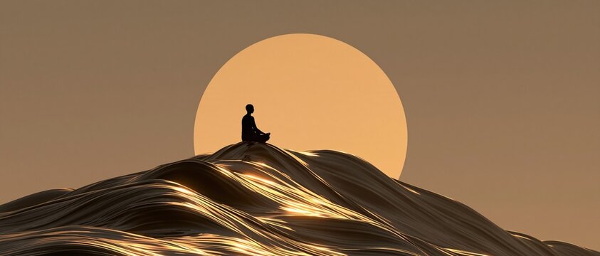 Silhouette of a seated person before a large golden sun