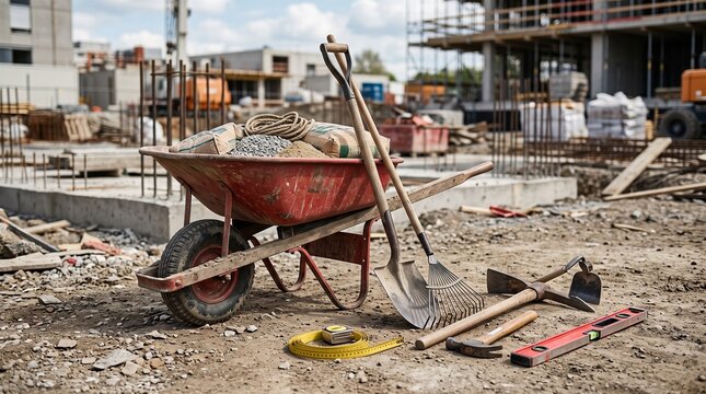 Construction site with wheelbarrow shovel and manual tools for building project.