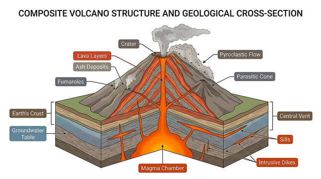 Detailed Geological Cross-Section Illustration of a Composite Volcano Structure showing Magma Chamber and Eruption Process