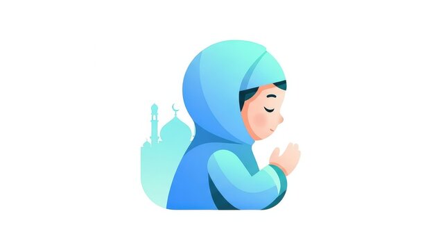 Cute Muslim Girl in Hijab Praying with Mosque Background Vector Illustration Icon